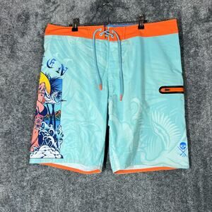 Sullen Art Collective Shorts Mens 34 Blue Pinup Model Beach Stretch Swim Waves